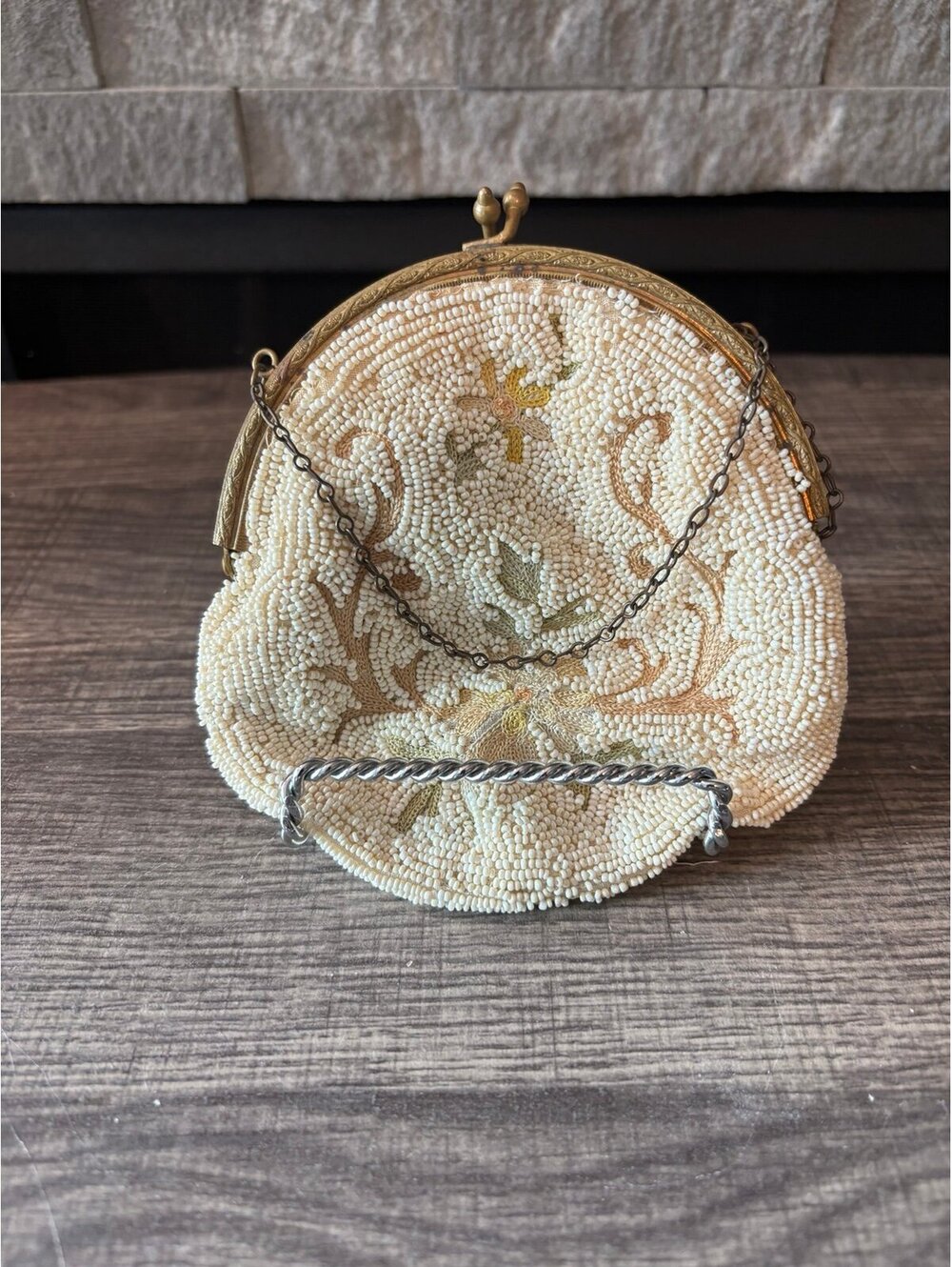 Longchamps white beaded purse vintage 1920s with chain